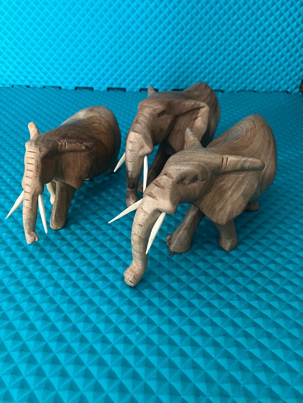 Set of Three/ Vintage hand-carved wooden elephant figurines